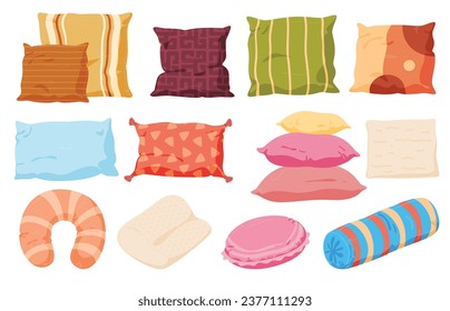 Varias almohadas. almohadas de colores y suaves. Descansa en la cama en el sofá. Cómodas almohadas. Ilustración del vector