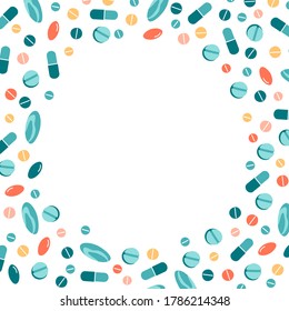 Various pills or drugs round frame with space for text on white. Flat vector illustration in cartoon style.