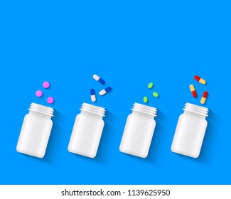 Various pills, tablets and capsules with white bottles on blue background. Pharmaceutical medicine and medical treatment concept. Realistic vector illustration, top view.
