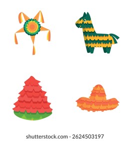 Various pinata icons set cartoon vector. Colored mexican pinata for party game. Birthday traditional toy