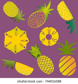 various pineapples on purple background