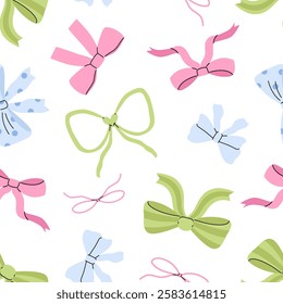 Various pink, blue and green Bow knots seamless pattern. Tie ups, gift bows. Hand drawn trendy Vector illustration. Wedding celebration, holiday, party decoration, gift, present concept.