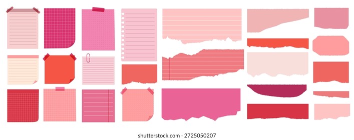 Verschiedene rosafarbene und rote Haftnotizen, Memopads und zerrissene Papierelemente, Vektorgrafik-Set.