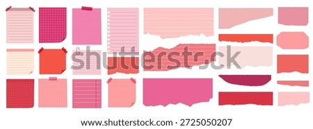 Various pink and red sticky notes, memo pads, and ripped paper elements vector illustration set.