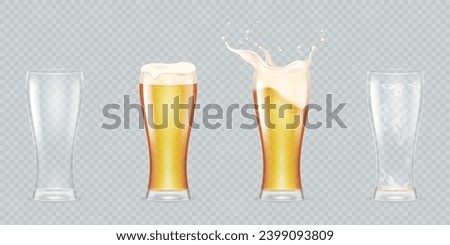 Various pints of beer. Realistic isolated glass of refreshing beers, drink splash for ad, pint biere, transparent mug, foam cup inside swirls, full and empty glasses, decent vector illustration
