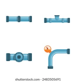 Various pipe icons set cartoon vector. Pipeline part, valve and plumbing. Construction and industrial technology