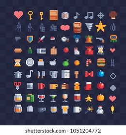 Various pixel art icons. Design for logo, sticker, web, mobile app. Food,  kitchenware, utensils, glasses, simple symbol, different items and bottle isolated vector illustration. 8-bit sprite.