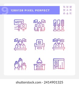 Various pixel perfect gradient icons set representing voting and election, isolated vector illustration, politics signs.