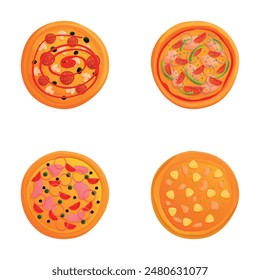 Various pizza icons set cartoon vector. Traditional italian fast food. European snack