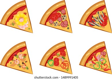 Various pizza icons set.  Mexican, Hawaiian, Seafood, Mushroom.