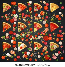 Various pizza top view slices and ingredients. Cartoon vector illustration