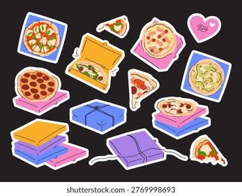 Various pizza whole, slices and delivery boxes. Italian cuisine set. Margherita, pepperoni, salami and cheese. Fast food takeaway packaging. Vector stickers for restaurant and pizzeria promo.