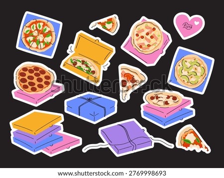 Various pizza whole, slices and delivery boxes. Italian cuisine set. Margherita, pepperoni, salami and cheese. Fast food takeaway packaging. Vector stickers for restaurant and pizzeria promo.