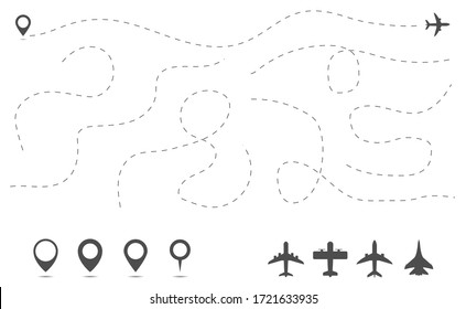 Various plane paths with location pins vector illustration. Paths to location by plane, tourism way, route flight