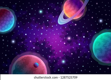 Various planets and stars. Universe and space travel