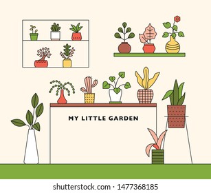 Various plant pots on the shelves of the house. flat design style minimal vector illustration.