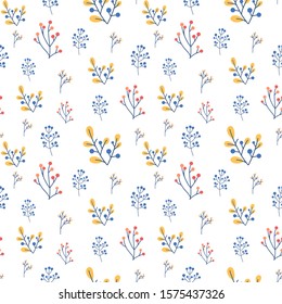 Various Plant Seamless Pattern with yello, red, blue leaves and flower
