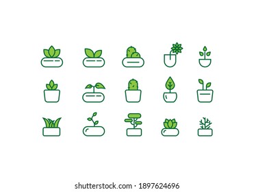 Various plant and succulent in pot icon outline doodle vector with green color for interior, quarantine activity, gardening, cactus, botanical, home office decoration