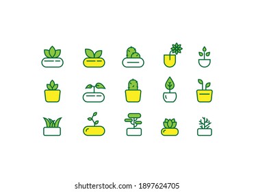 Plantas variadas y suculentas en el icono de la olla contorno de doodle vector con color verde para el interior, actividad de cuarentena, jardinería, cactus, botánico, decoración de la oficina del hogar