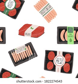 Various plant-based meat packs seamless pattern. Hand-drawn vegan minced, vegetarian BBQ sausages, patties and others. Vector isolated illustration.