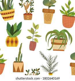 Various plants in flower pots home comfort pattern vector graphics on a white background