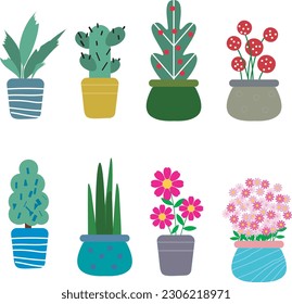 Various plants such as flowers and trees are planted in pots.