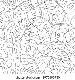 Various plants, tree leaves. Seamless pattern from leaves. Black and white doodles coloring. Vector illustration isolated on white background.