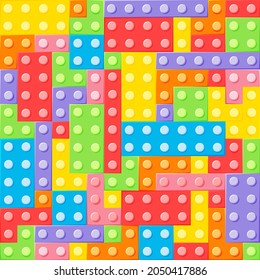 Various plastic blocks seamless pattern. 7 colors and shapes. Constructor for children. Vector background.