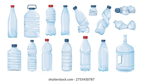 Various plastic bottles whole and crushed in clean graphic style on white background showing eco concept of recycling. Vector illustration