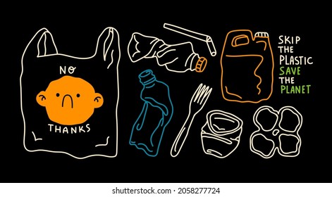 Various Plastic waste. Pollution problem, Recycling, zero waste concept. Skip the plastic Save the planet. Transparent icons. Design for banner, poster, card. Hand drawn trendy Vector illustration