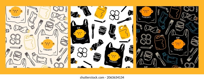 Various Plastic waste. Pollution problem, Recycling, zero waste concept. Plastic bag, cup, straw, bottle, canister. Hand drawn trendy Vector illustration. Set of three Square seamless Patterns