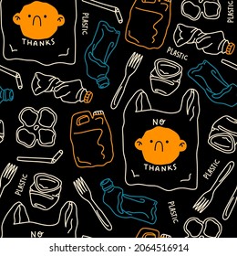 Various Plastic waste. Pollution problem, Recycling, zero waste concept. Stop using plastic bag, cup, straw, bottle, canister. Hand drawn trendy Vector illustration. Dark Square seamless Pattern