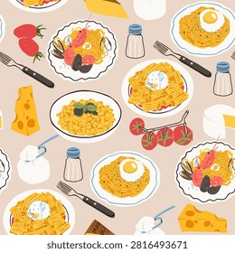 Various plates of Pasta. Different types, shapes. Pasta with egg, burrata, sea food, truffle. Hand drawn trendy Vector illustration. Cafe, restaurant menu concept. Square seamless Pattern, background