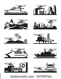 Various platforms for take off and landing of helicopter - vector illustration