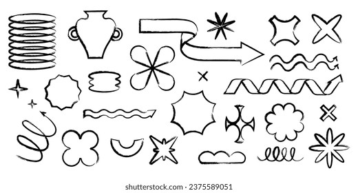 Various playful arrow pointers and shapes set or collection in trendy ink or black crayon handdrawn style. Dynamic naive arrow signs for infographic designs or presentation templates.