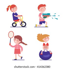 Various playing kids set. Modern flat style illustration. Cartoon character clipart.