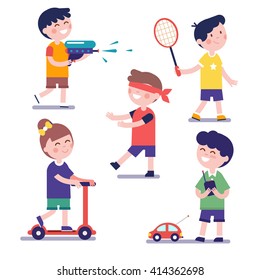 Various playing kids set. Modern flat style illustration. Cartoon character clipart.