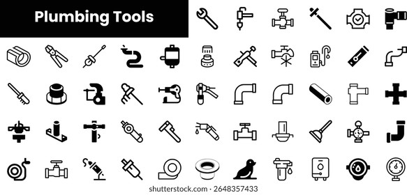 Various plumbing tools and icons, showcasing essential equipment in black and white. Suitable for home improvement and repair projects.