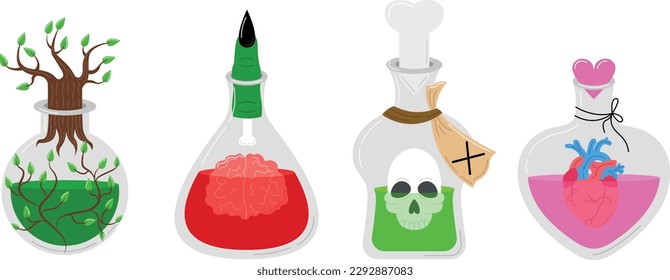 Pociones diversas y venenosas, ilustración vectorial