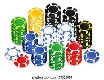 A lot of various poker chips on the white background