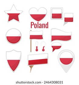 Verschiedene Polen-Fahnen gesetzt auf Stange, Tischfahne, Marke, Sternabzeichen und verschiedene Formen-Abzeichen. Patriotischer Aufkleber