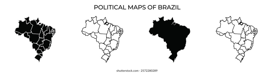 Various political map outlines of Brazil highlight distinct regional boundaries. Each map presents a different view of the countrys administrative divisions, emphasizing geography.