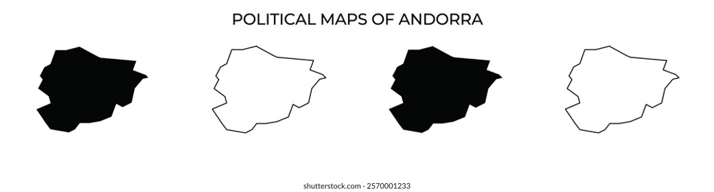 Various political maps of Andorra are shown, demonstrating different styles of representation. The maps range from filled black to white outlines, highlighting geographical features.