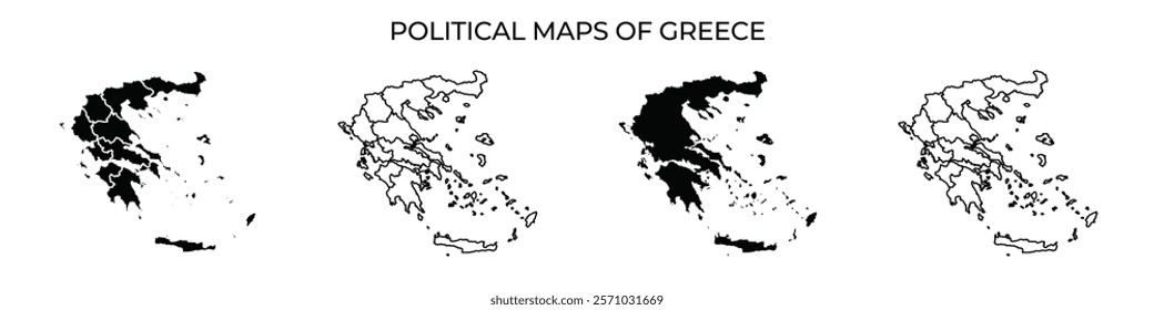 Various political maps of Greece illustrate the countrys regional divisions. Each map provides detailed representations of different areas in a clear, monochrome style.