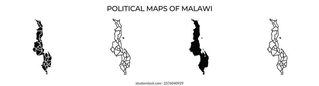 Various political maps illustrate Malawis administrative divisions and borders. The visuals display the countrys layout, highlighting key regions and areas of governance.