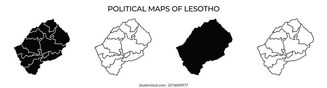 Various political maps of Lesotho showcase different design styles and color schemes, highlighting the countrys unique geographical divisions and features.