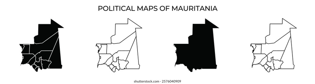 Various political maps of Mauritania are displayed, highlighting different regions in contrasting colors. The maps focus on boundaries and geographic divisions across the country.