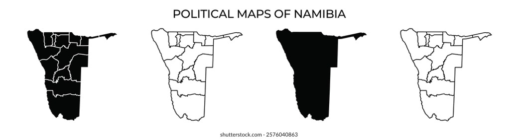 Various political maps of Namibia illustrate the countrys regions with distinct outlines and features. The maps highlight administrative divisions and geographical areas.