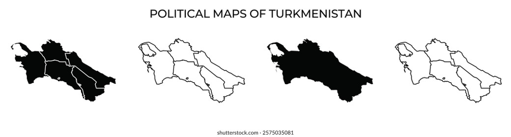 Various political maps of Turkmenistan illustrate geographic divisions and borders. Each map displays distinct color patterns to emphasize various regions within the country.