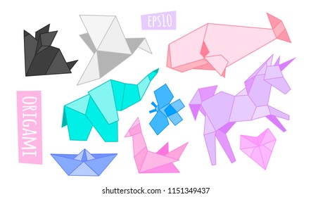 Various polygonal animals. Origami style. Hand drawn colored vector set. All elements are isolated
